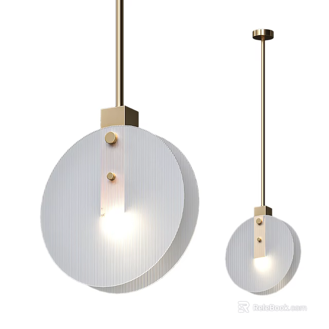 Modern Round Pendant Light With Gold Metal Frame And Ribbed Glass Shade Design 3d model 
