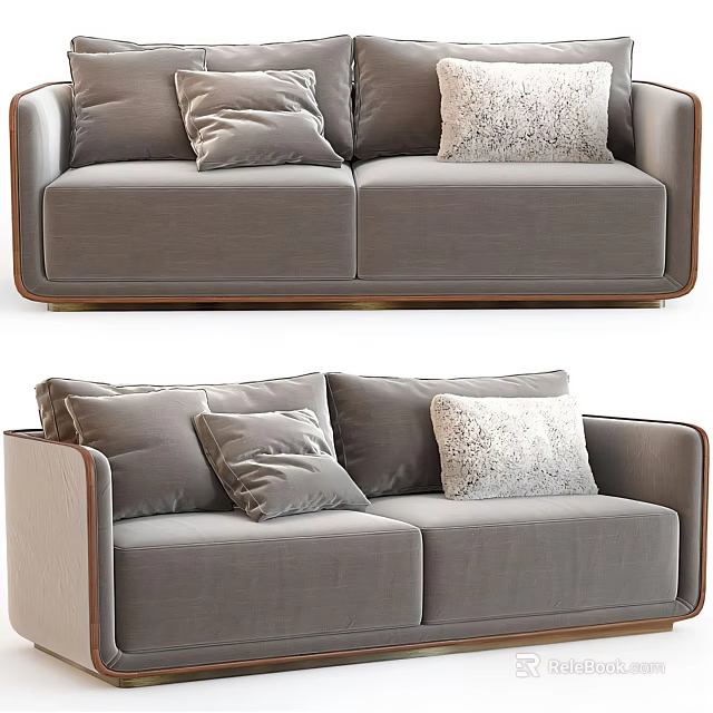 Comfortable Gray Double Sofa With Soft Pillows And Wooden Frame Design 3d model 