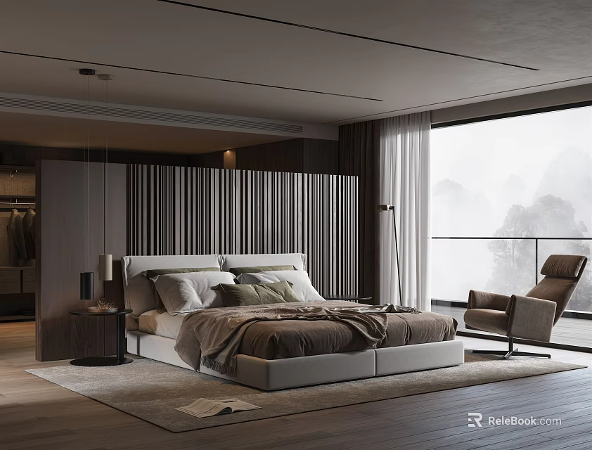Modern Elegant Bedroom Interior With Floor to Ceiling Window Comfortable Bed Armchair and Wooden Floor 3d model 