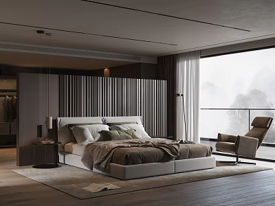 Modern Elegant Bedroom Interior With Floor to Ceiling Window Comfortable Bed Armchair and Wooden Floor 3d model