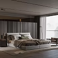 Modern Elegant Bedroom Interior With Floor to Ceiling Window Comfortable Bed Armchair and Wooden Floor