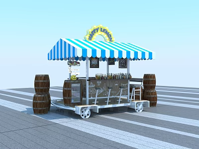 Happy Lemon Mobile Food Cart With Blue White Striped Awning Wooden Barrels And Bar Stools 3d model