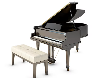 Elegant Black Grand Piano With Upholstered Bench And Shiny Wooden Legs 3d model