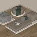 Light Colored Minimalist Cushions Ottomans With Blankets Pillows And Small Book On Wooden Floor