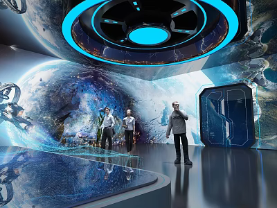 Futuristic Technology Exhibition Hall With Holographic 3D Earth And Interactive Digital Displays 3d model