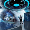 Futuristic Technology Exhibition Hall With Holographic 3D Earth And Interactive Digital Displays