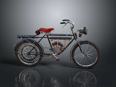 Vintage Bicycle With Red Seat Black Frame And Silver Headlight On Reflective Surface 3d model