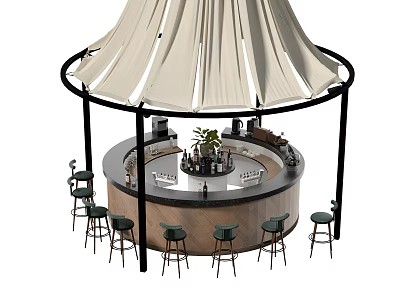 Modern Cafe With Circular Bar High Stools White Canopy And Bar Plants 3d model