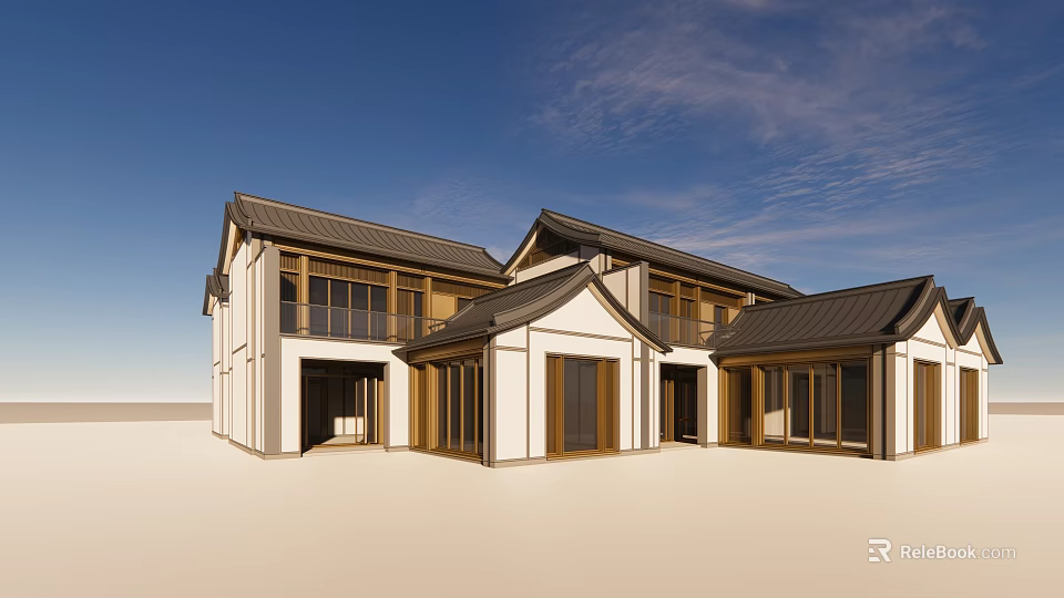 Modern Chinese Style Detached Villa With Sloped Black Roof White Walls And Large Glass Windows 3d model 