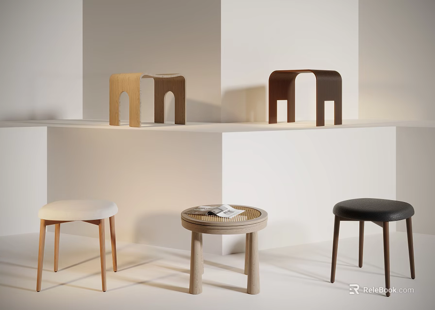 Various Modern Design Wooden and Upholstered Stools with Stylish Legs Display in Room 3d model 