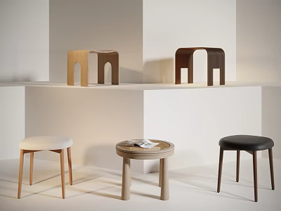 Various Modern Design Wooden and Upholstered Stools with Stylish Legs Display in Room 3d model