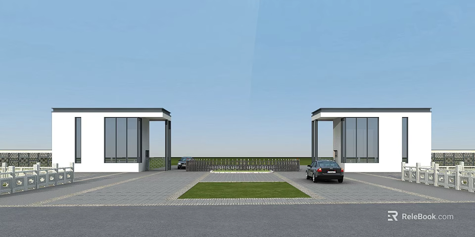 Modern Symmetrical Entrance Gate With White Buildings Large Windows Lawn And Parked Cars 3d model 