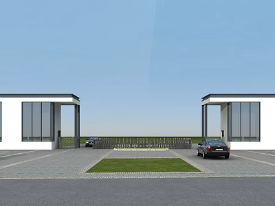 Modern Symmetrical Entrance Gate With White Buildings Large Windows Lawn And Parked Cars 3d model