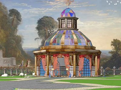 Decorative Gazebo With Stained Glass Dome Columns Green Lawn And Trees 3d model