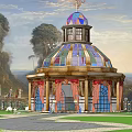 Decorative Gazebo With Stained Glass Dome Columns Green Lawn And Trees