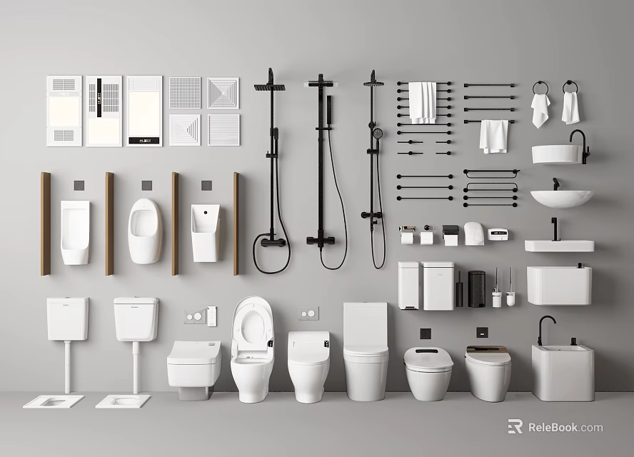 Modern Bathroom Set With Toilets Sinks Mirrors Shower Fixtures And Towel Racks 3d model 