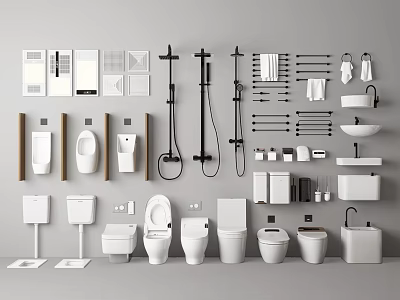 Modern Bathroom Set With Toilets Sinks Mirrors Shower Fixtures And Towel Racks 3d model