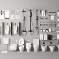 Modern Bathroom Set With Toilets Sinks Mirrors Shower Fixtures And Towel Racks