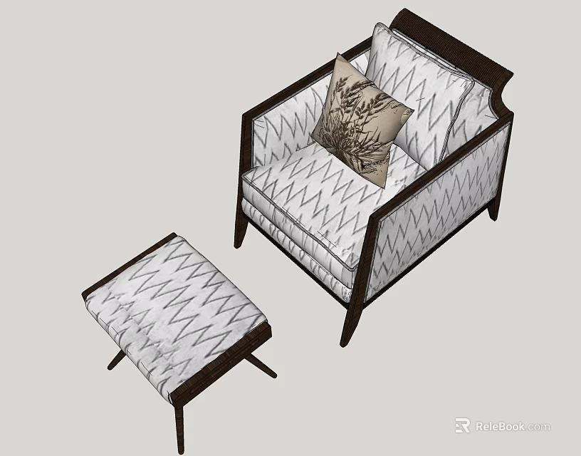Modern Upholstered Accent Chair With Wooden Frame Ottoman Botanical Pillow And Geometric Pattern 3d model 