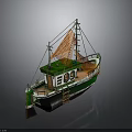 Green And White Fishing Boat With Orange Net Cabin And Ladder Exterior