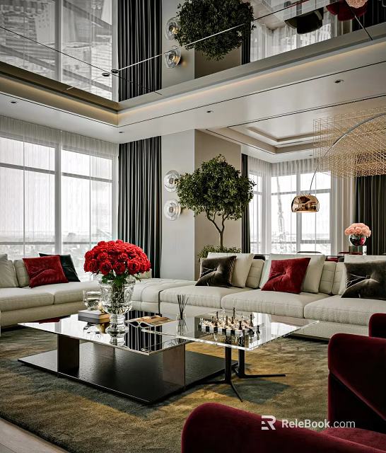 Elegant Living And Dining Area With White Sofa Red Flowers Green Plant And Chandelier 3d model 