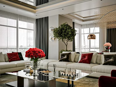 Elegant Living And Dining Area With White Sofa Red Flowers Green Plant And Chandelier 3d model