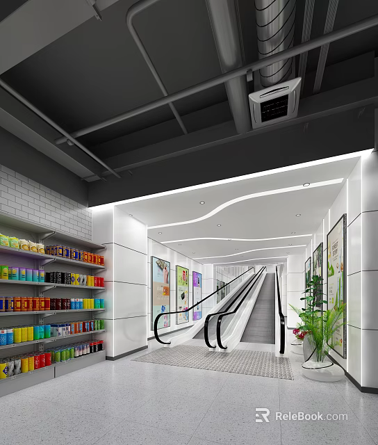 Bright Modern Department Store Interior With Colorful Product Shelves Escalators Posters And Green Plants 3d model 