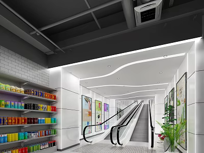 Bright Modern Department Store Interior With Colorful Product Shelves Escalators Posters And Green Plants 3d model