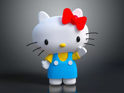 Hello Kitty White Character With Red Bow Blue Overalls And Waving Hand 3d model