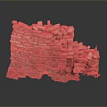 Partially Collapsed Red Brick Wall With Green Moss At Bottom On Gray Background