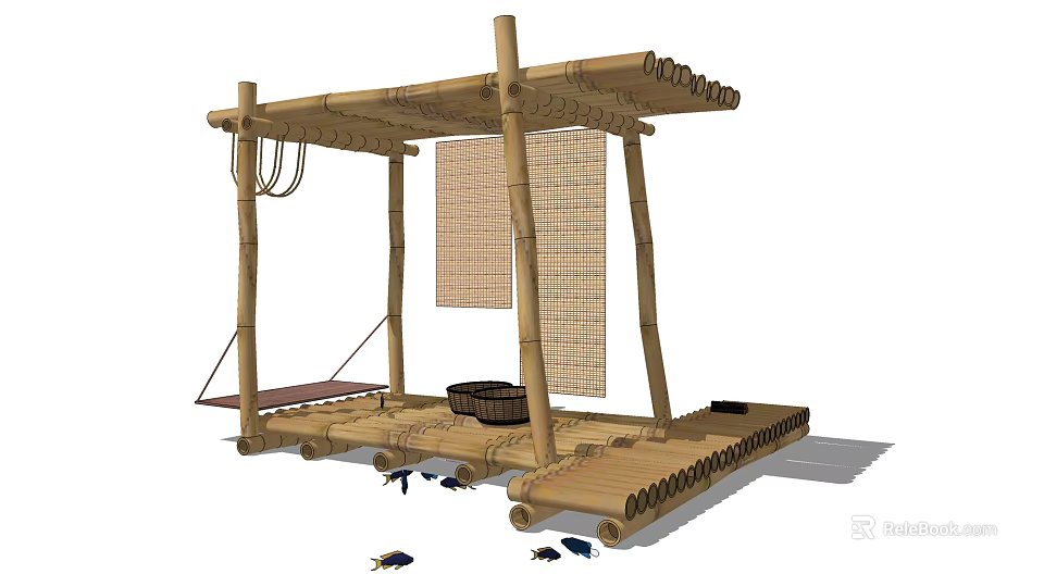 Rustic Wooden Boat With Bamboo Canopy Curtain Basket And Open Platform 3d model 