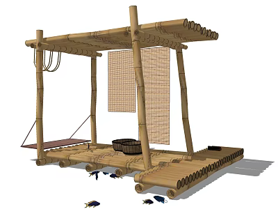 Rustic Wooden Boat With Bamboo Canopy Curtain Basket And Open Platform 3d model