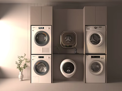 Modern Laundry Room Interior With Stacked Washing Machines Dryers And Cabinets 3d model