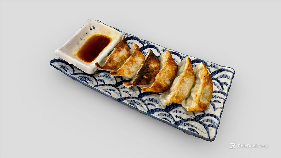 Pan Fried Dumplings With Soy Sauce On Blue And White Patterned Plate 3d model 