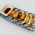 Pan Fried Dumplings With Soy Sauce On Blue And White Patterned Plate 3d model