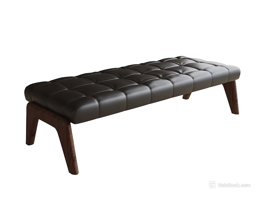 Modern Black Leather Bed Bench with Tufted Design and Wooden Legs 3d model 