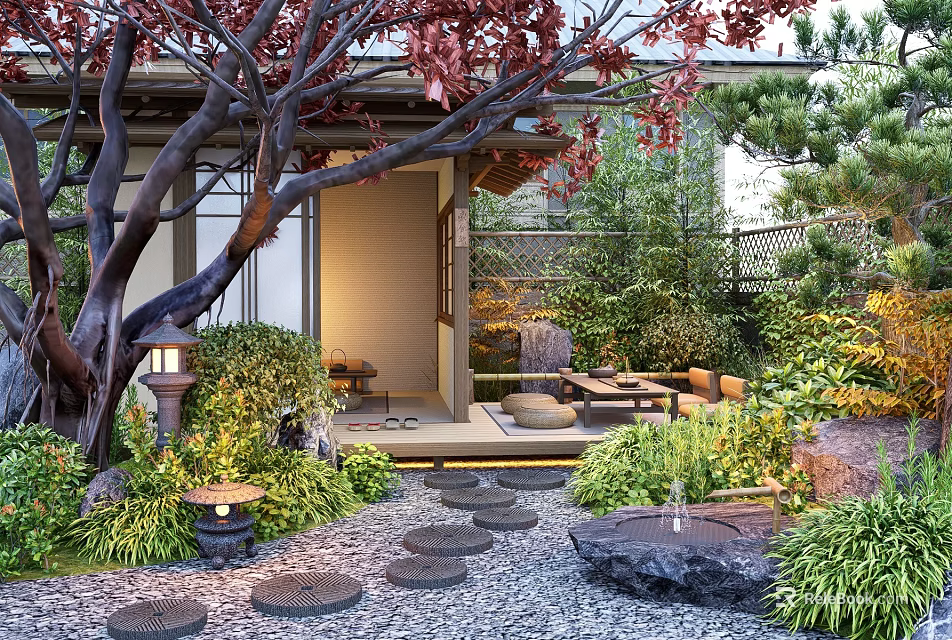 Serene Courtyard Garden Featuring Red Leaf Tree Stone Lantern Stepping Path And Lush Green Plants 3d model 