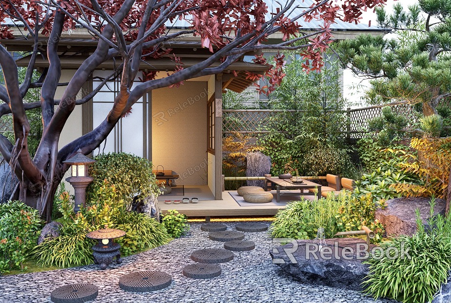 Zen Courtyard Landscape Red Maple Landscape Tree Bamboo Tingbu Stone Fence Flowers and Plants model