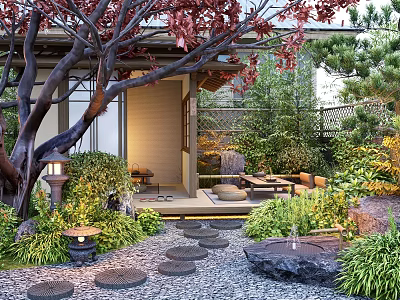 Serene Courtyard Garden Featuring Red Leaf Tree Stone Lantern Stepping Path And Lush Green Plants 3d model
