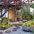Serene Courtyard Garden Featuring Red Leaf Tree Stone Lantern Stepping Path And Lush Green Plants