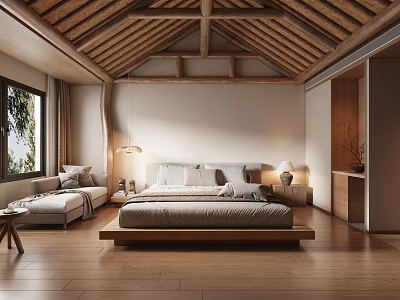 Minimalist Hotel Guest Room with Wooden Ceiling Flooring Platform Bed Daybed and Natural Light Window 3d model