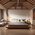 Minimalist Hotel Guest Room with Wooden Ceiling Flooring Platform Bed Daybed and Natural Light Window
