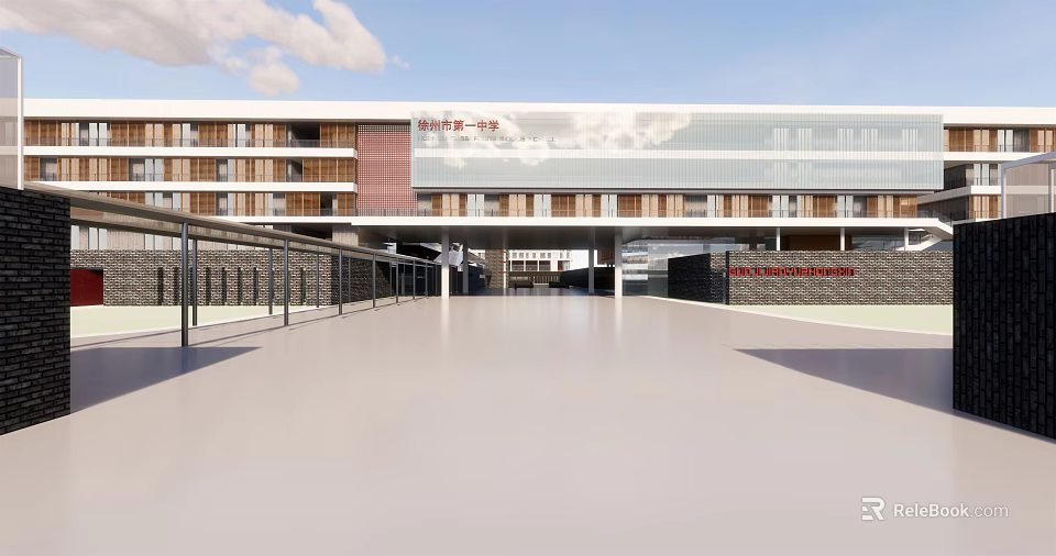 Modern Multi Storey School Building With Glass Curtain Wall Red Signage And Spacious Courtyard 3d model 