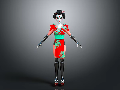 Woman in Red and Green Traditional Kimono with Black Arm Sleeves and Hair Accessory 3d model