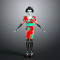 Woman in Red and Green Traditional Kimono with Black Arm Sleeves and Hair Accessory