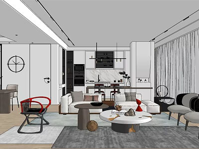 Modern Living and Dining Room Interior Design With Sofa Coffee Table Chairs And Pendant Lights 3d model
