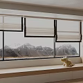 Stylish Window Blinds In Modern Room With Large Windows Mountain View And Wooden Sill