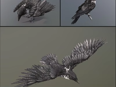 Detailed Black Bird Sculpture With Spread Wings Feather Carving And Various Poses 3d model