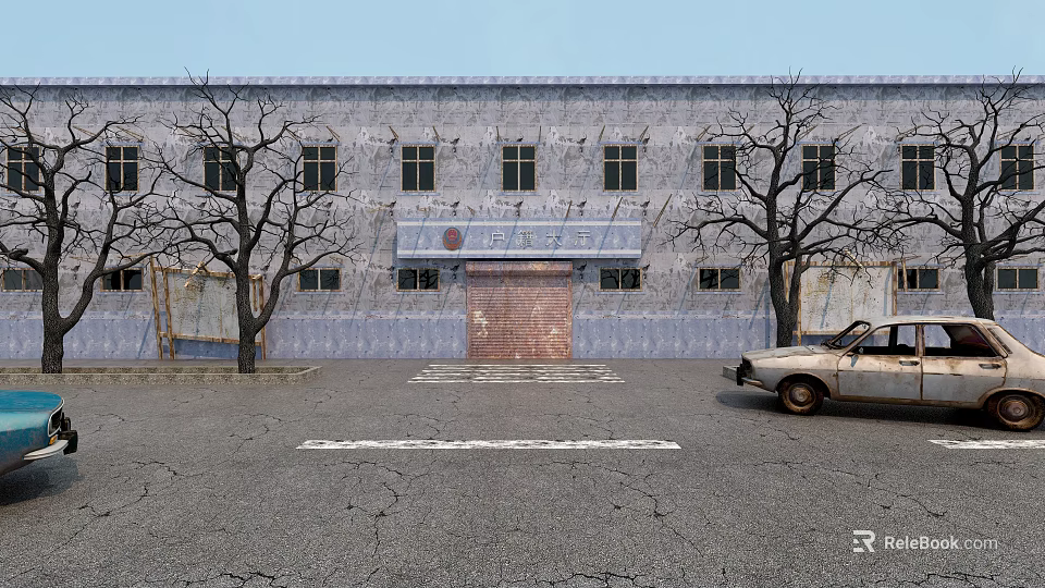 Shower Sauna Facility Exterior With Blue White Building Windows And Old Car 3d model 