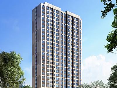 Modern High Rise Residential Building With Numerous Windows Green Trees And Blue Sky View 3d model